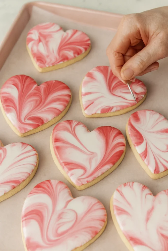 Heart-shaped sugar cookies with pink and white marbled icing being swirled with a toothpick on pink tray