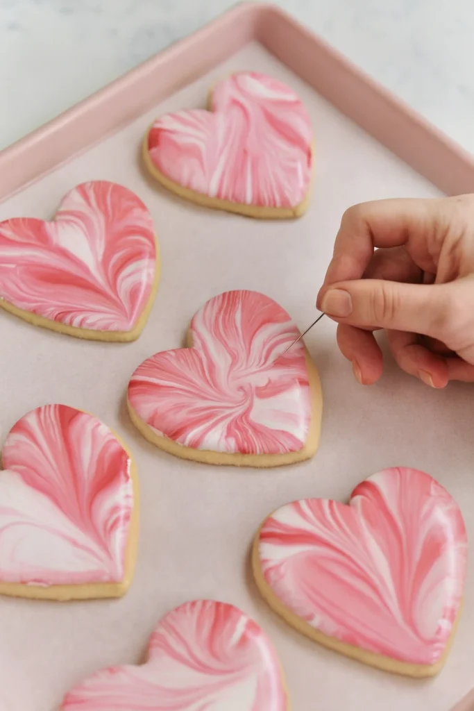 Heart-shaped sugar cookies with pink and white marbled icing being decorated by hand on parchment-lined tray.