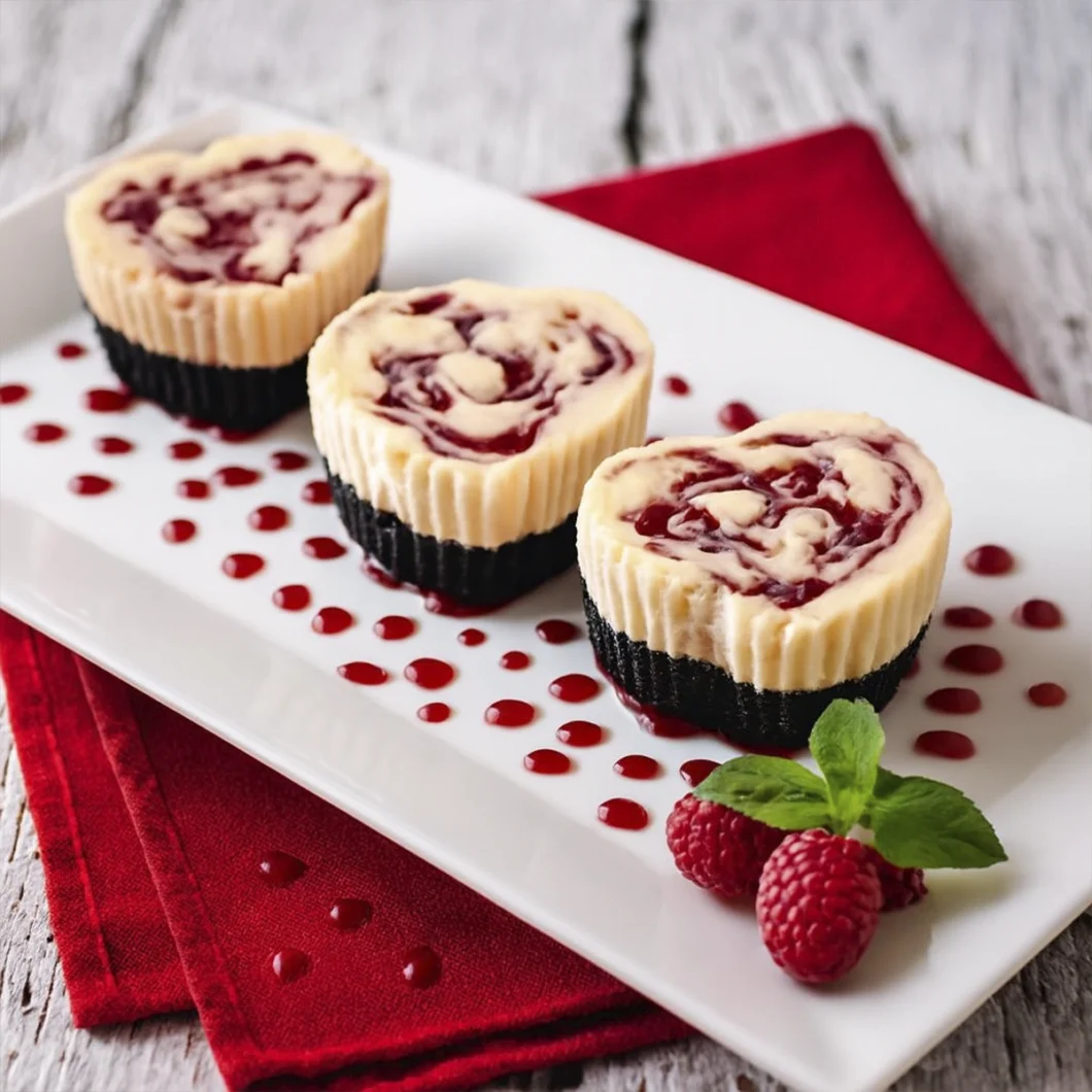 Flat lay of heart-shaped raspberry swirl cheesecakes with chocolate crusts on white serving dish