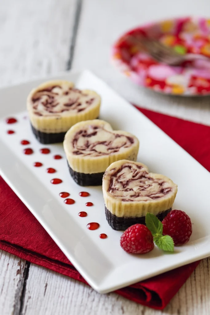 Heart-shaped mini raspberry swirl cheesecakes with dark chocolate crust, garnished with raspberry sauce, fresh raspberries, and mint leaves on a white plate over rustic wood.