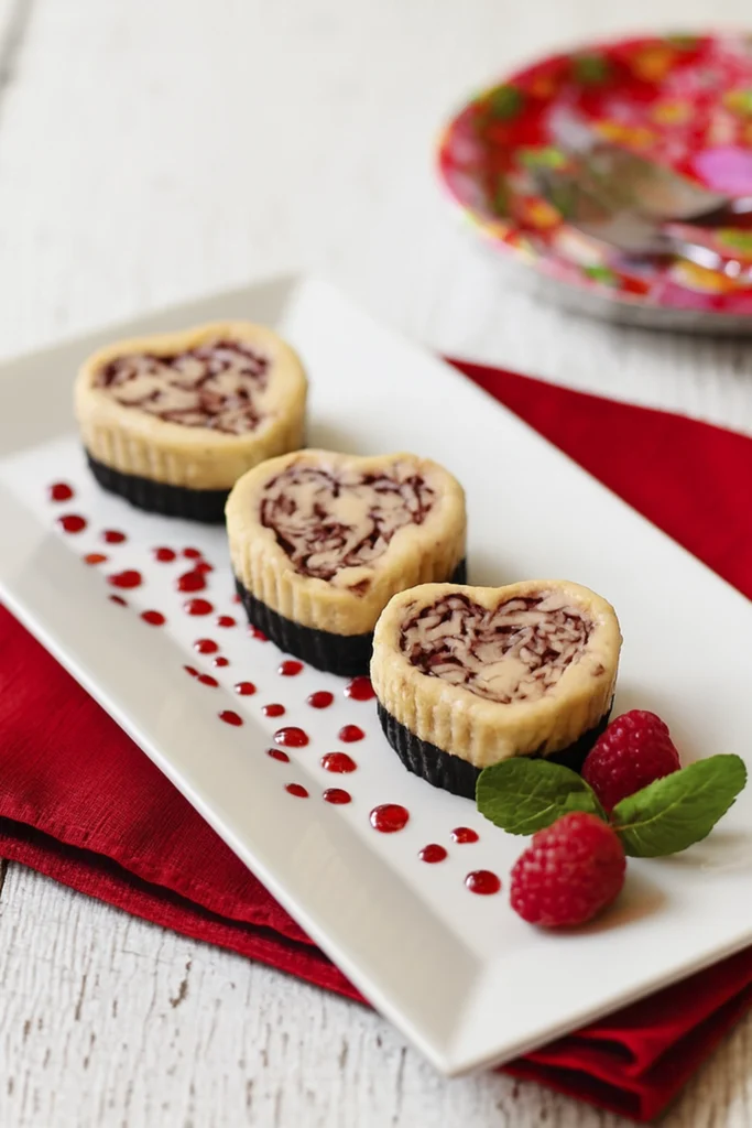 Angled view of heart-shaped raspberry swirl cheesecakes with chocolate crust and sauce dots