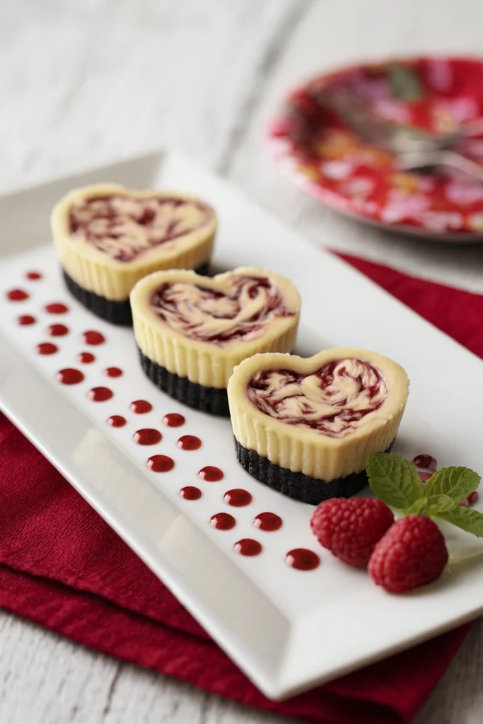 Close-up of raspberry swirl heart-shaped mini cheesecakes with chocolate crust and fresh garnish