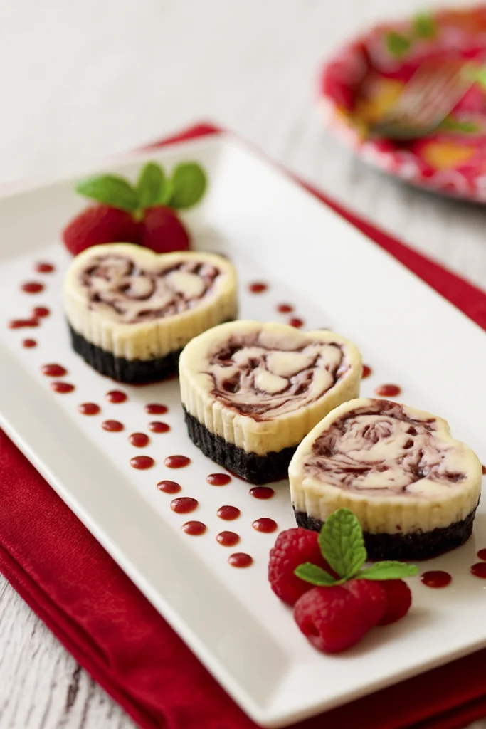 Overhead view of three heart-shaped raspberry swirl mini cheesecakes with chocolate crusts on white platter