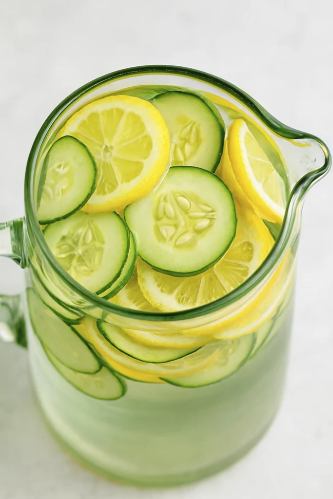 Top view of cucumber lemon water recipe in a pitcher