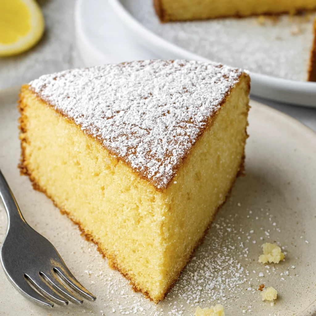 Elegant lemon cake slice with powdered sugar and ceramic plate.