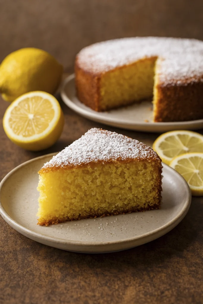 Moist lemon cake slice with powdered sugar on ceramic plate, styled for dessert photography.