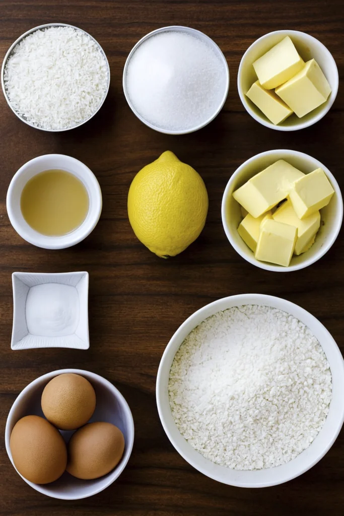 Slice of lemon cake with powdered sugar and fresh lemons on a rustic surface.
