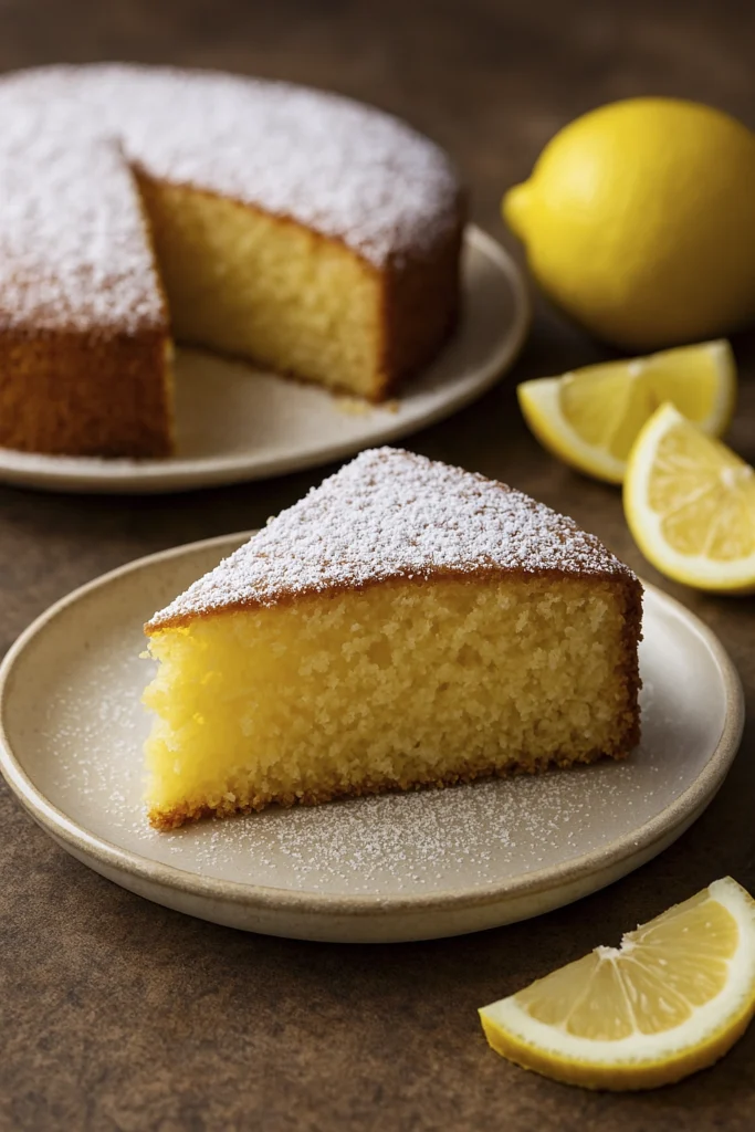 Rustic lemon cake slice with powdered sugar and lemon garnish.