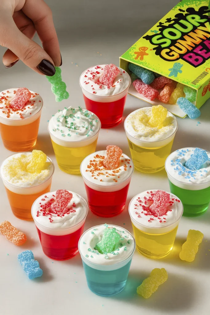 Sour Patch Shots in assorted gelatin cups with whipped cream and sour gummy bears, open candy box
