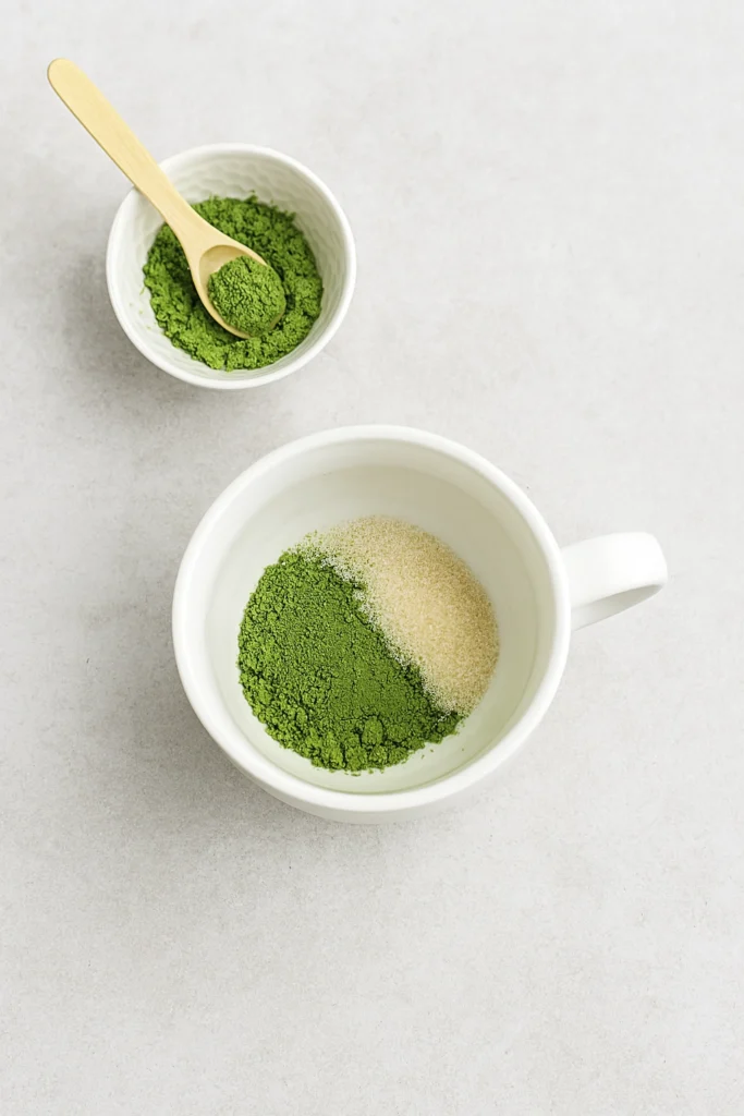 Matcha green tea latte (hot or iced) preparation with warm water added to matcha and sugar