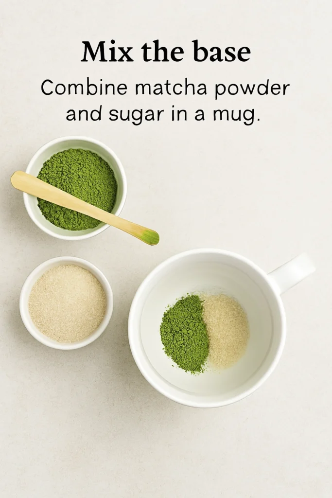 Matcha green tea latte (hot or iced) ingredients in a mug with matcha powder and sugar