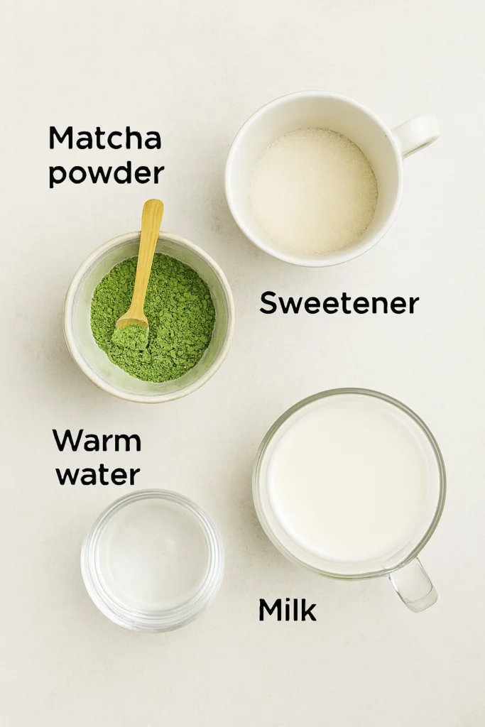 Matcha green tea latte (hot or iced) with milk being poured into matcha paste