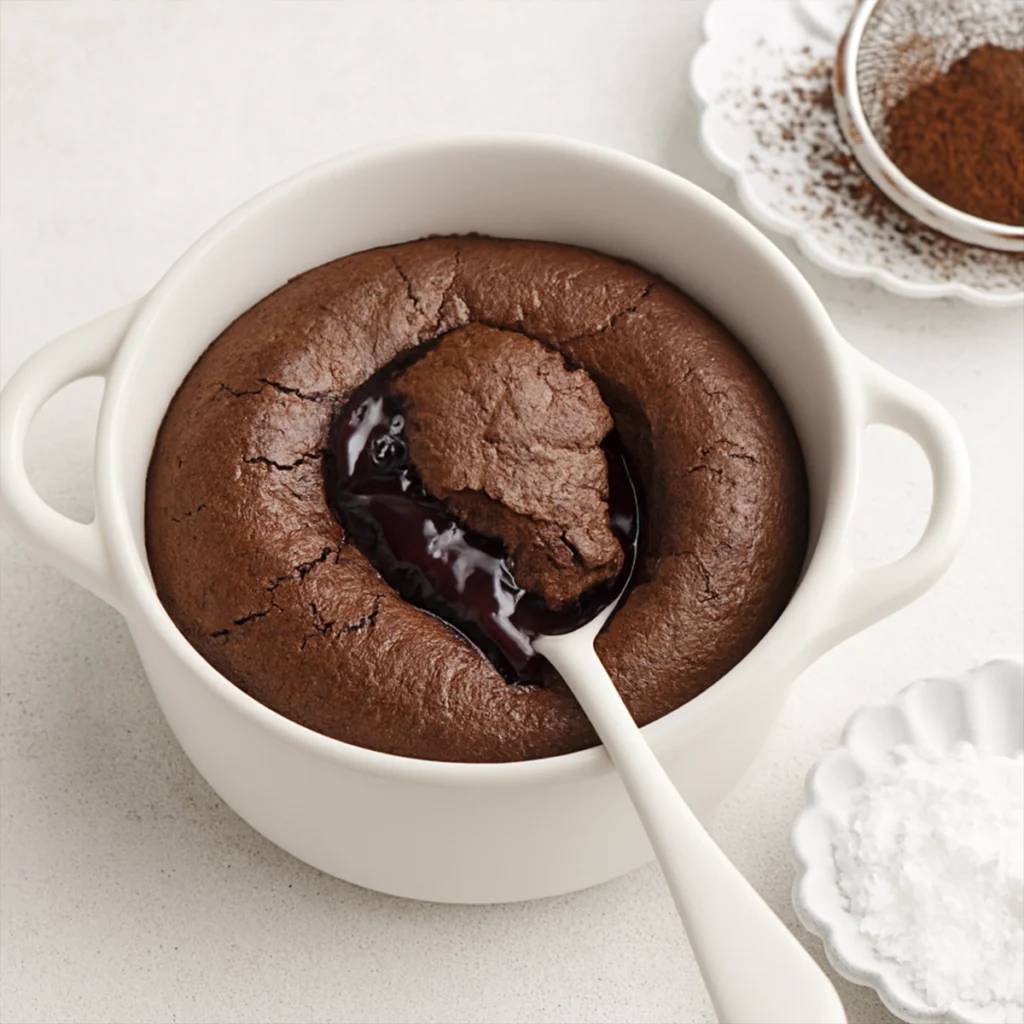 Chocolate lava cake with molten center in white ramekin, styled with powdered sugar and cocoa.