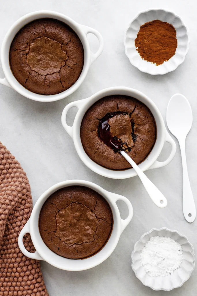 Chocolate lava cakes in white ramekins with gooey centers on marble surface, styled with cocoa and sugar.
