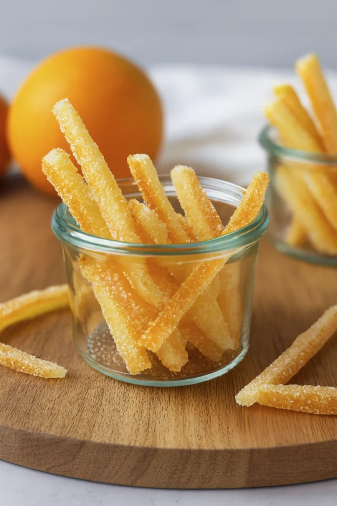 Glass jar filled with sugar-coated orange peel strips on rustic wood with whole oranges and cozy lighting.
