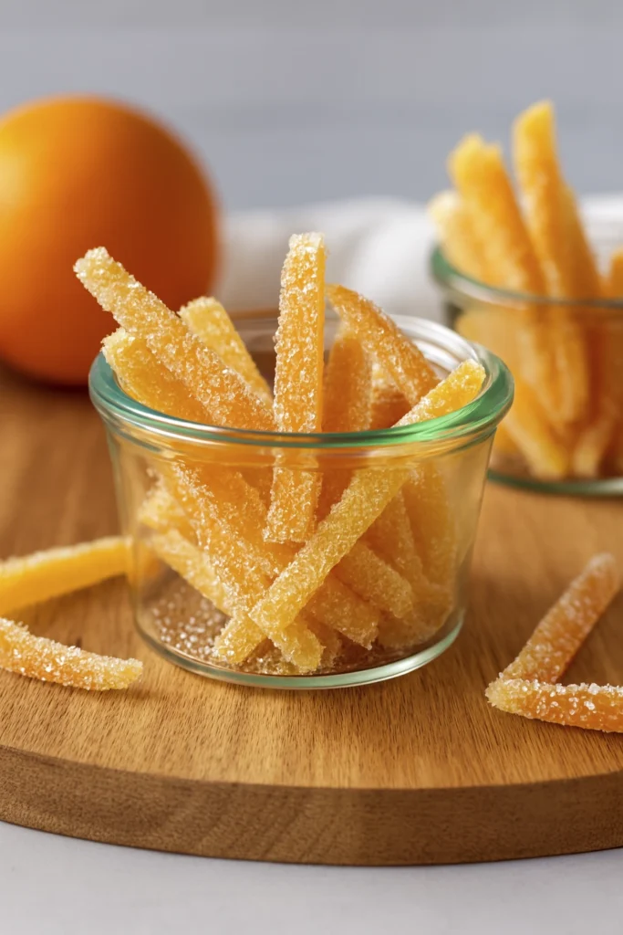 Glass jar filled with sugar-coated orange peel strips on rustic wood with whole oranges and cozy lighting.