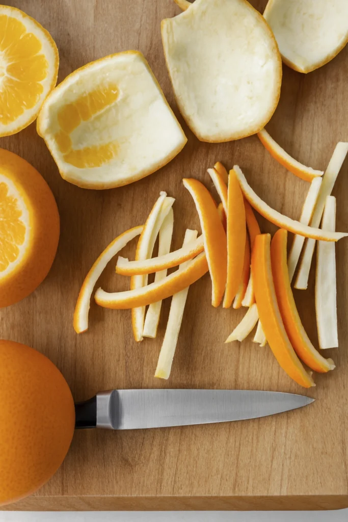 Close-up of orange being peeled and sliced on a wooden cutting board with julienned peel strips and paring knife.