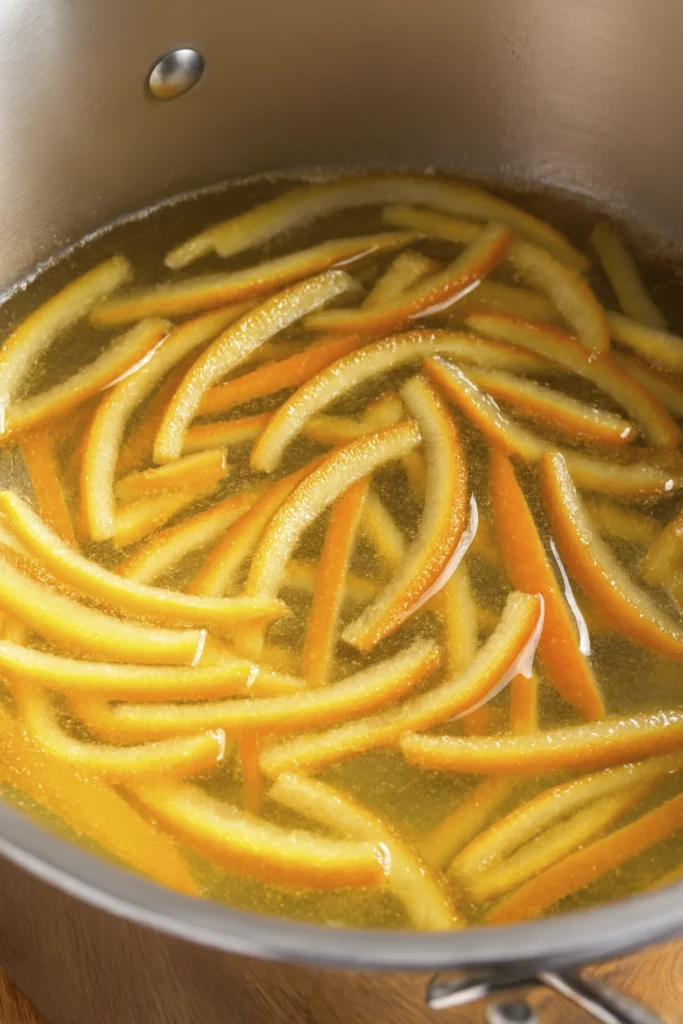 Thin orange peel strips simmering in boiling water inside a stainless steel pot during candied peel preparation.