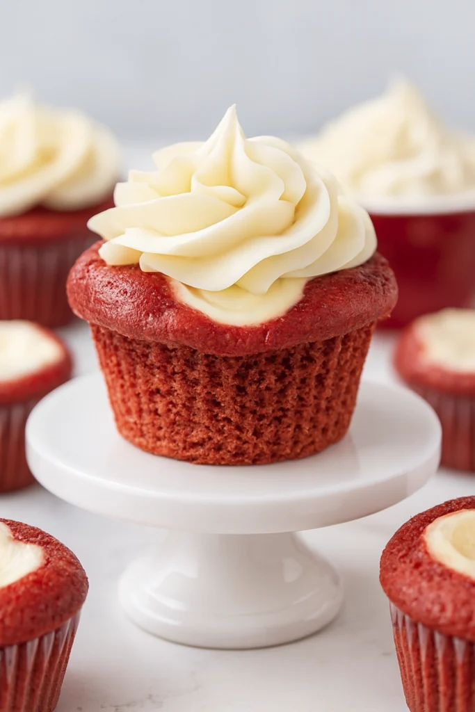 Red velvet cheesecake cupcakes with creamy centers and white frosting swirl on pedestal stand.