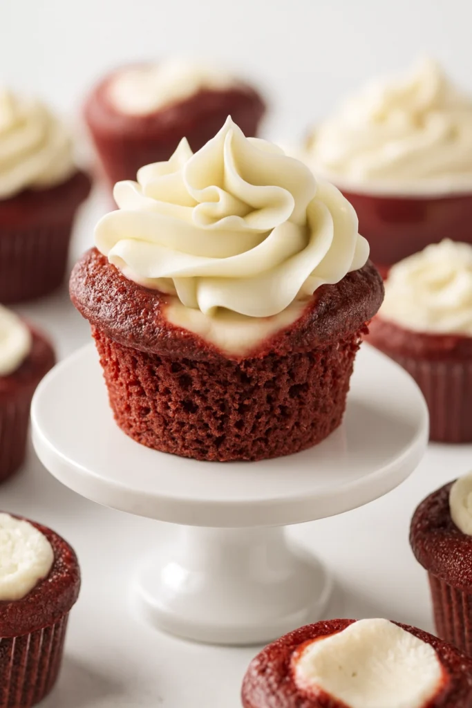 Red velvet cheesecake cupcakes topped with creamy frosting swirl, styled on pedestal with red bowl background.