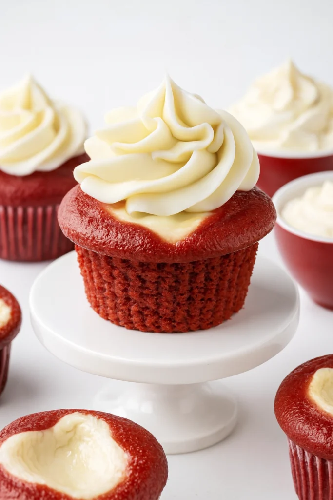 Red velvet cheesecake cupcakes with frosting swirl, displayed on pedestal stand with red bowl of cream.