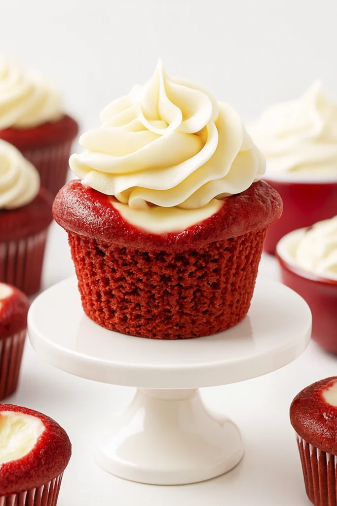 Red velvet cheesecake cupcakes with frosting swirl, displayed on white pedestal and marble surface.
