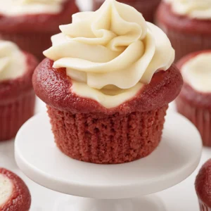 Red velvet cupcakes with cream cheese filling and frosting on white pedestal and surface.