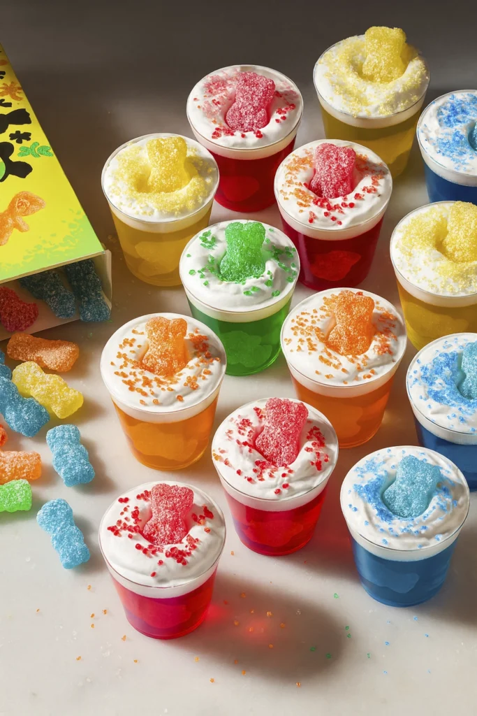 Sour Patch Shots arranged diagonally with whipped cream and sour gummy bears, candy spill