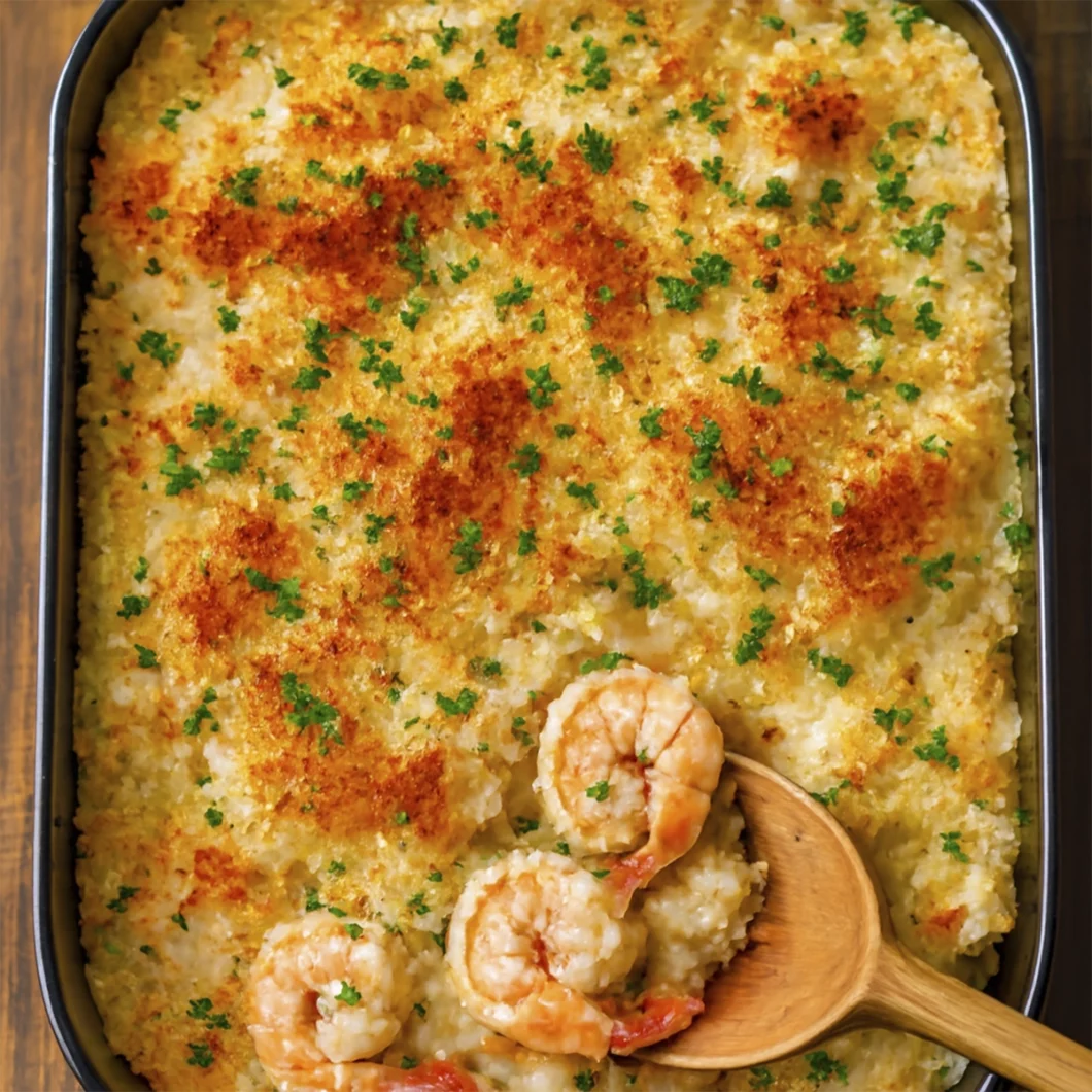 Top-down view of baked shrimp casserole with golden breadcrumb crust and creamy shrimp filling in a dark dish