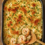 Top-down view of baked shrimp casserole with golden breadcrumb crust and creamy shrimp filling in a dark dish