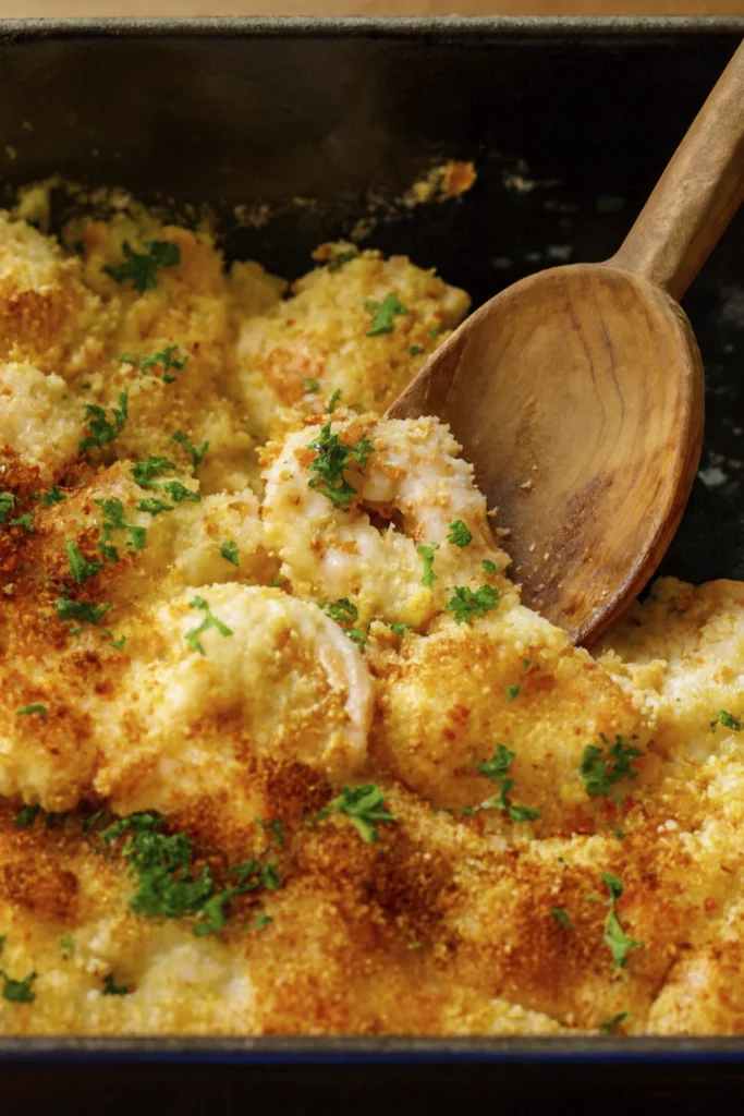 Close-up of creamy shrimp casserole with golden breadcrumbs and parsley in a dark baking pan