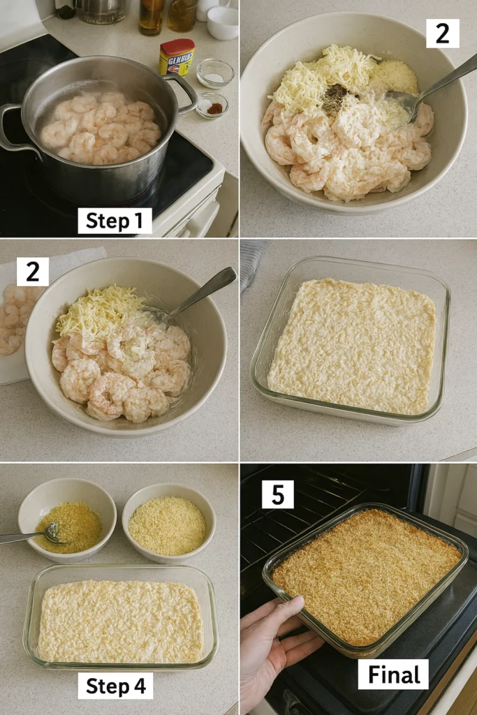 Assorted ingredients for shrimp casserole including cooked shrimp, shredded cheese, mayonnaise, breadcrumbs, and spices