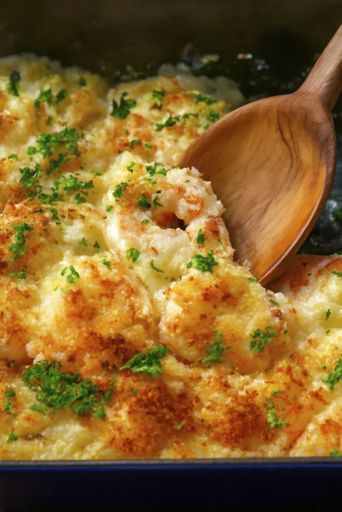Creamy shrimp casserole in black baking dish with breadcrumb topping and wooden spoon scooping a portion