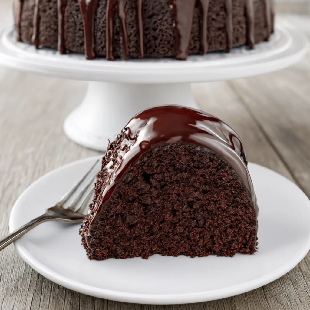 Moist chocolate sour cream bundt cake with glossy glaze on a white cake stand and plated slice