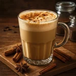 Glass mug of frothy chai latte topped with cinnamon and nutmeg, styled with whole spices on rustic wood