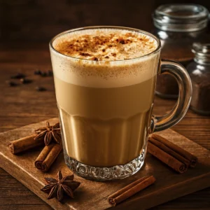 Glass mug of frothy chai latte topped with cinnamon and nutmeg, styled with whole spices on rustic wood