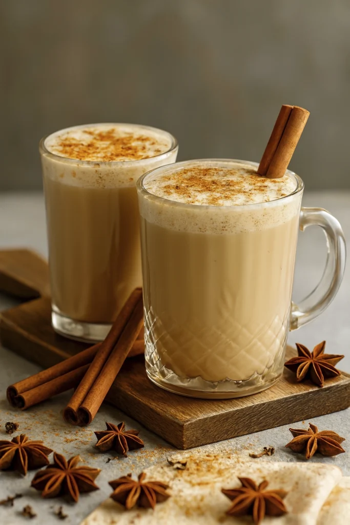 Matcha green tea latte in a ceramic cup with frothy top and bamboo whisk beside it