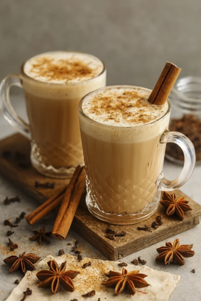 Pumpkin spice latte in a glass mug topped with whipped cream and cinnamon powder