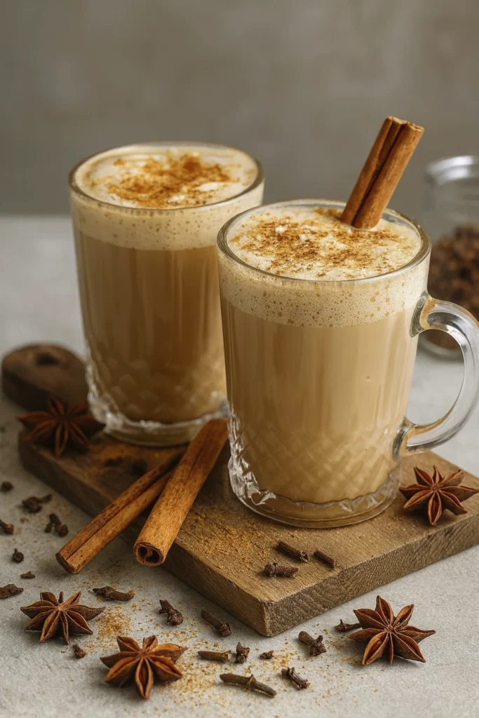Two glass mugs of frothy spiced chai latte with cinnamon sticks and star anise on a rustic board