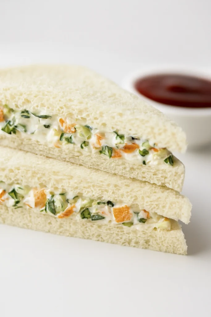Close-up of stacked vegetable mayonnaise sandwiches with white bread and ketchup bowl on white background