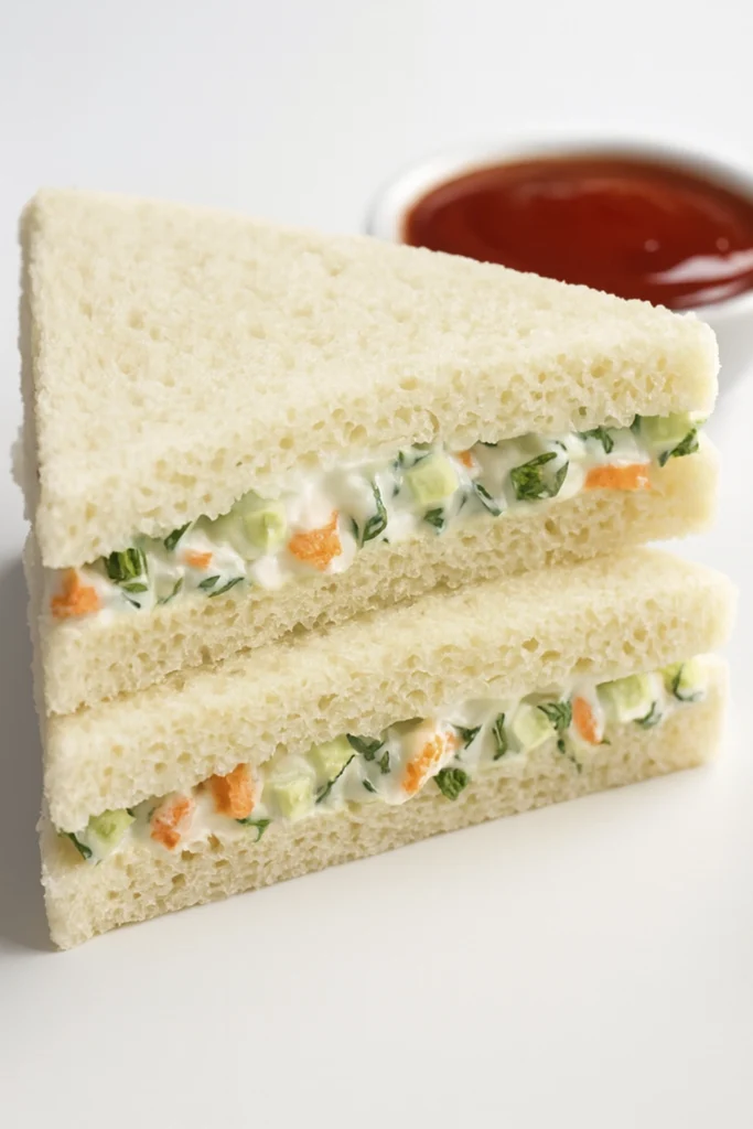 Creamy vegetable sandwich stack with white bread and ketchup bowl in soft lighting