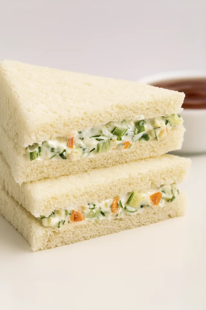 Triangular vegetable mayo sandwiches on white bread with ketchup bowl in background