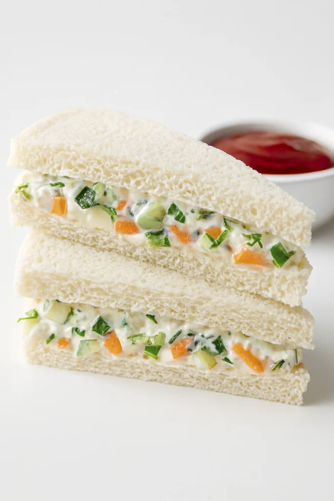 Close-up of stacked vegetable mayonnaise sandwiches with white bread and ketchup bowl on white background