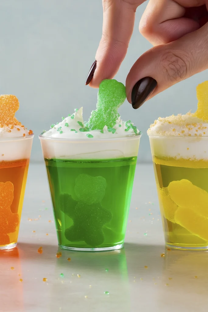 Sour Patch Shots in vibrant gelatin cups with whipped cream and gummy bears, hand placing green bear