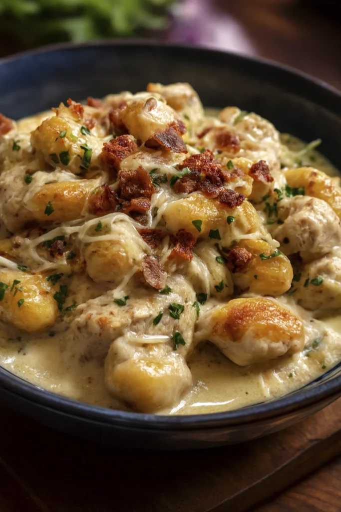 Creamy crack chicken gnocchi bowl topped with crispy bacon parmesan and fresh parsley