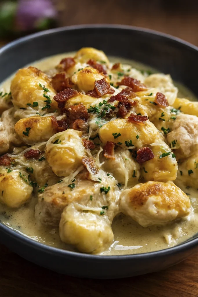 Close-up of creamy crack chicken gnocchi with golden seared gnocchi, juicy chicken chunks, crispy bacon, shaved parmesan, and parsley in a dark ceramic bowl with glossy cheese sauce.
