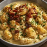 Restaurant-style creamy chicken gnocchi with bacon, parmesan, and parsley served in a rustic ceramic bowl on a wooden table