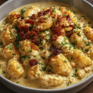 Restaurant-style creamy chicken gnocchi with bacon, parmesan, and parsley served in a rustic ceramic bowl on a wooden table