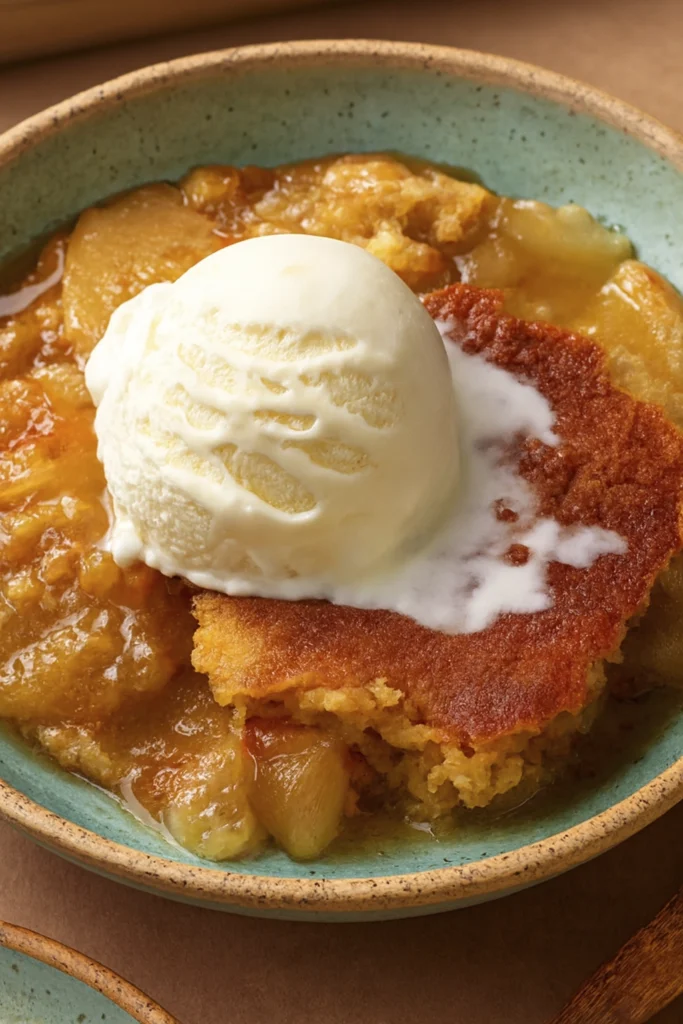 Warm apple cobbler topped with melting vanilla ice cream in a turquoise ceramic bowl