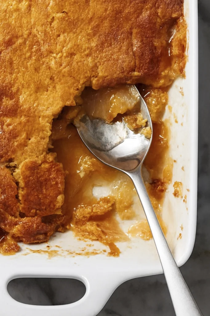 Homemade peach cobbler with golden crust and juicy peach filling in a white ceramic dish on marble surface